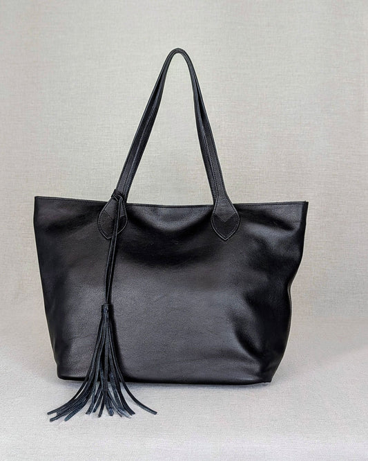 Bolso ANA de piel artesanal Belice — bolso amplio con asas largas y cremallera — color-negro