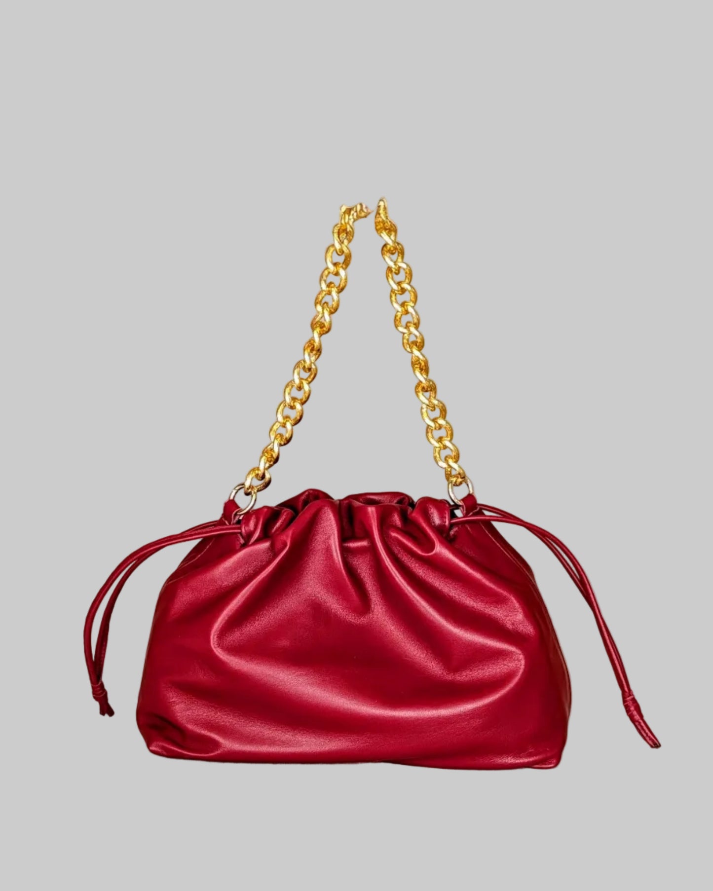 Bolso Mediano fruncido de piel artesanal Belice — con asa de cadena y bandolera — color-burdeos